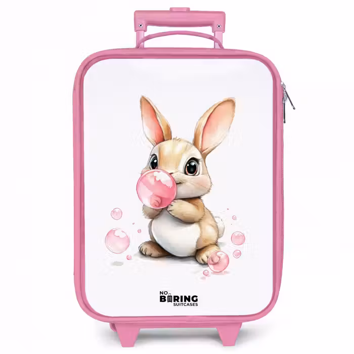Kinderkoffer Rosa - Brauner Hase mit rosa Blasen