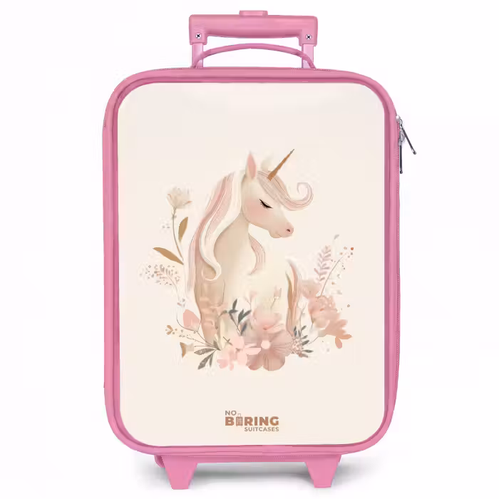 Kinderkoffer Rosa - Einhorn zwischen Blumen in rosa Pastellfarben
