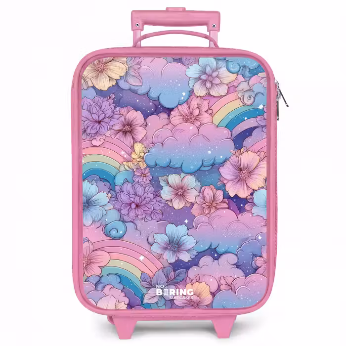 Kinderkoffer Rosa - Illustration von Wolken, Regenbögen und Blumen