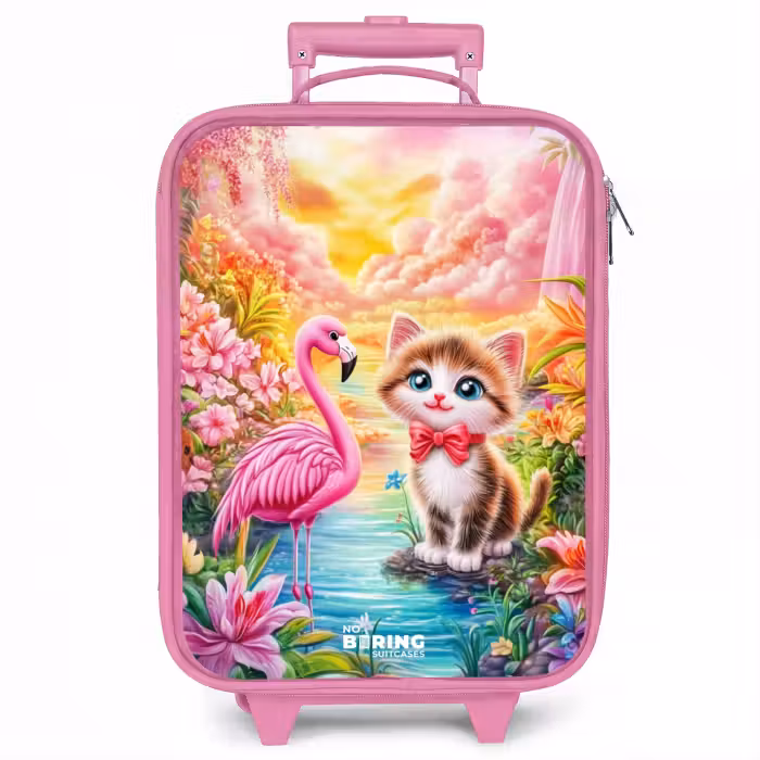 Kinderkoffer Rosa - Kätzchen mit Flamingo im tropischen Blumenparadies