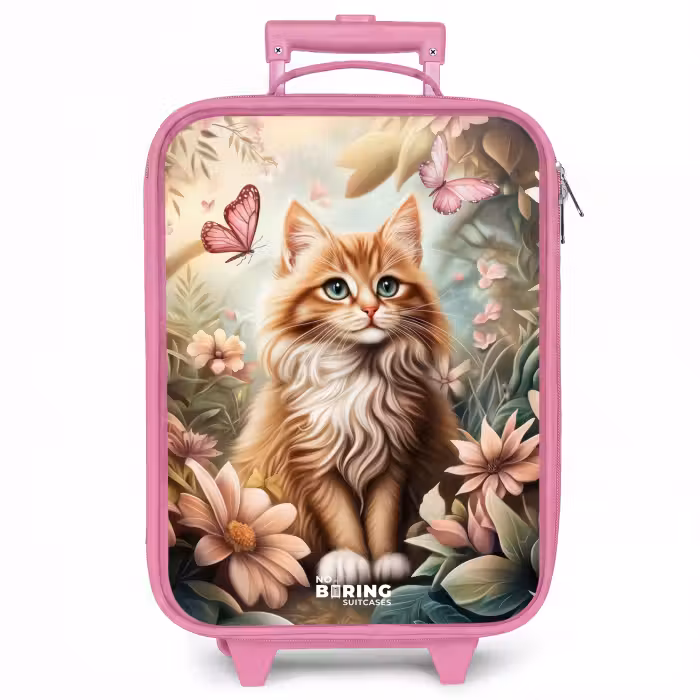Kinderkoffer Rosa - Katze im Blumenfeld mit rosa Schmetterlingen.
