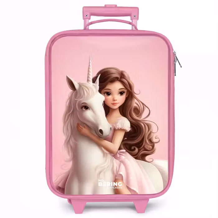 Kinderkoffer Rosa - Mädchen mit weißem Einhorn auf rosa Hintergrund