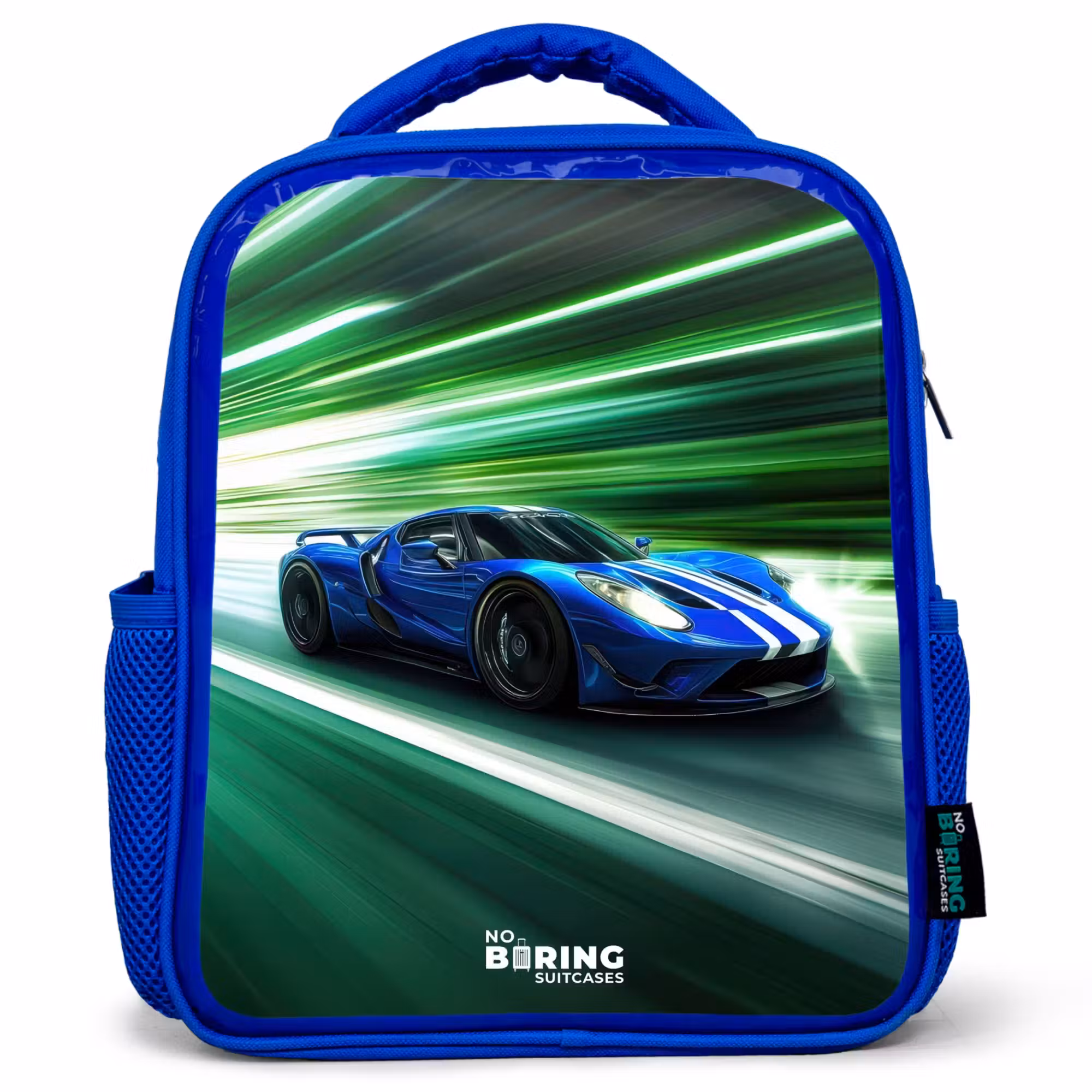 Kinderrucksack - Blau - Blauer Rennwagen mit Streifen in grünem Tunnel