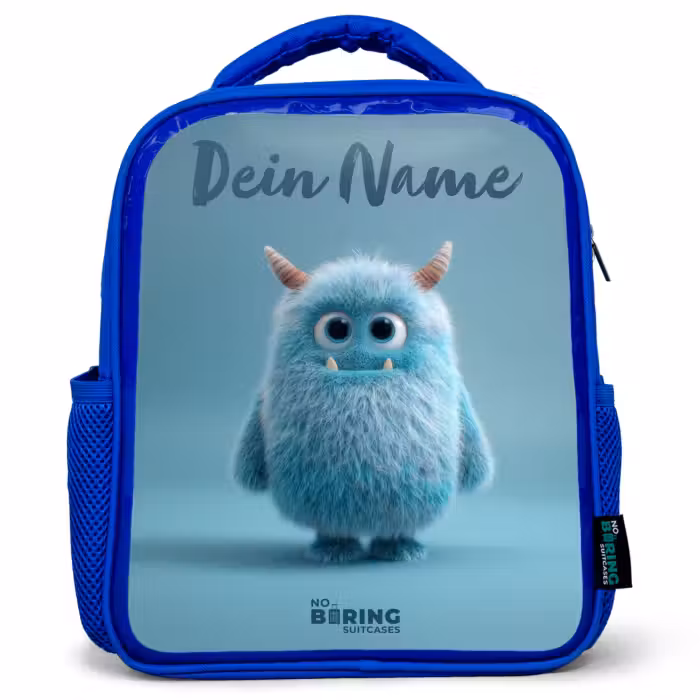 Kinderrucksack mit Namen - Blau - Blaues Plüschmonster mit Hörnern