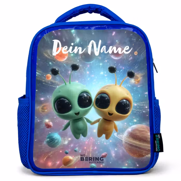 Kinderrucksack mit Namen - Blau - Fröhliche außerirdische Freunde