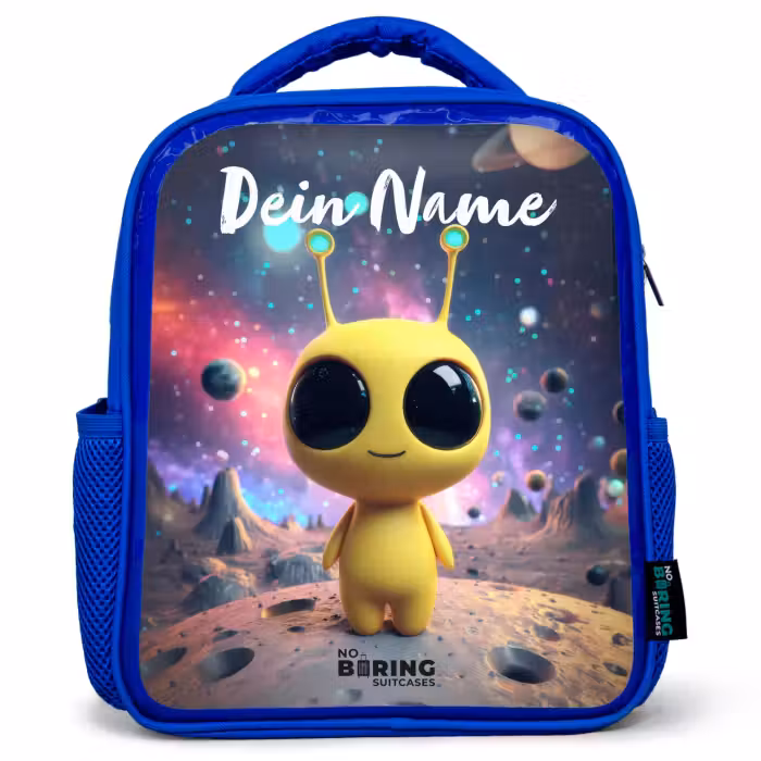 Kinderrucksack mit Namen - Blau - Fröhlicher kleiner Außerirdischer