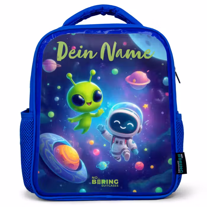 Kinderrucksack mit Namen - Blau - Fröhliches Treffen im Weltraum