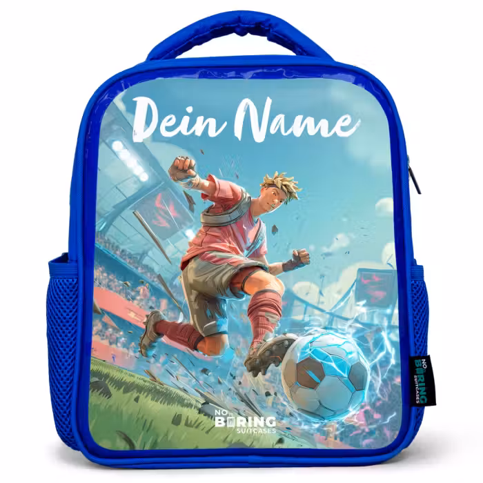 Kinderrucksack mit Namen - Blau - Fußball - Junge - Stadion - Elektrisch