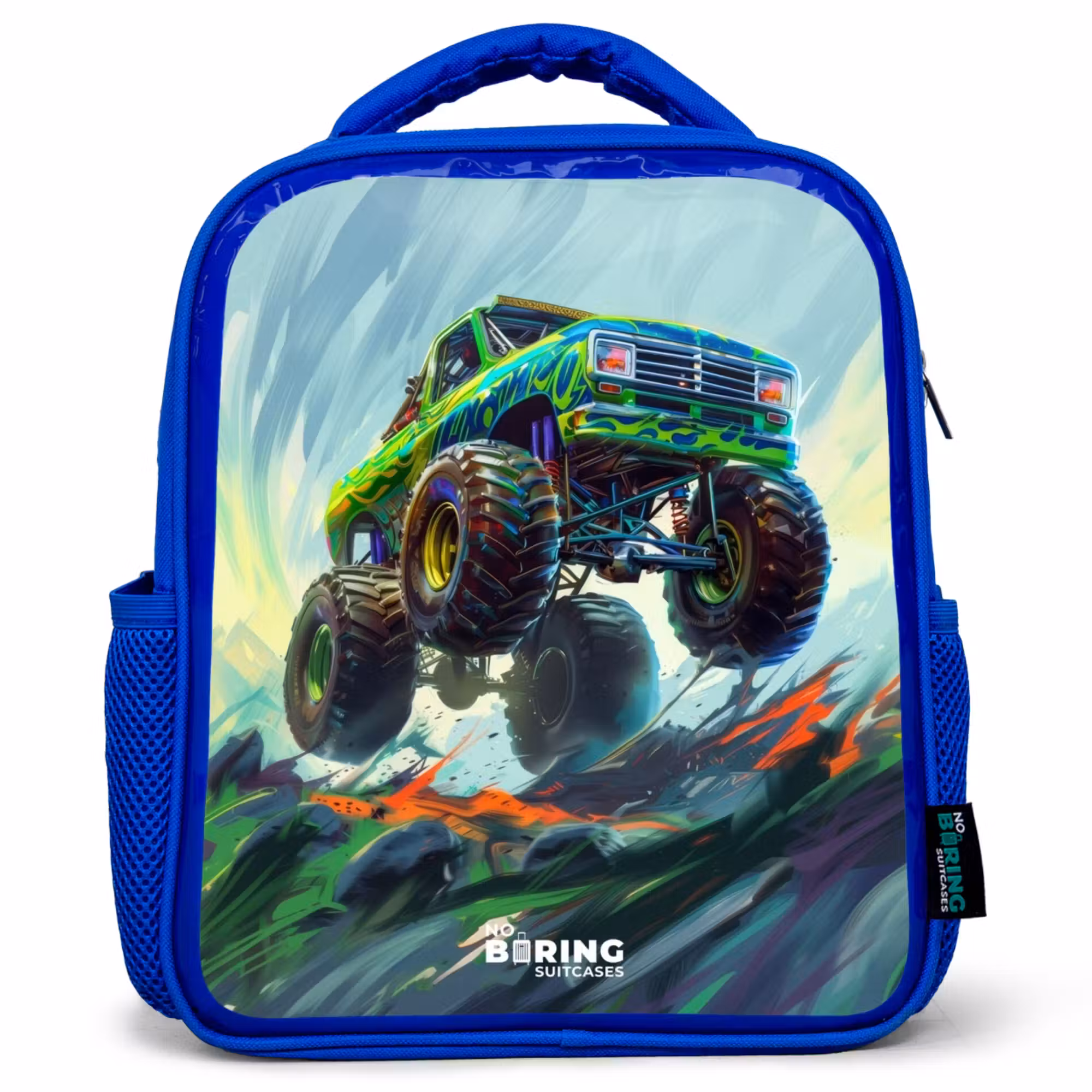 Kinderrucksack - Blau - Grüner Monstertruck mit Pinselstrichen