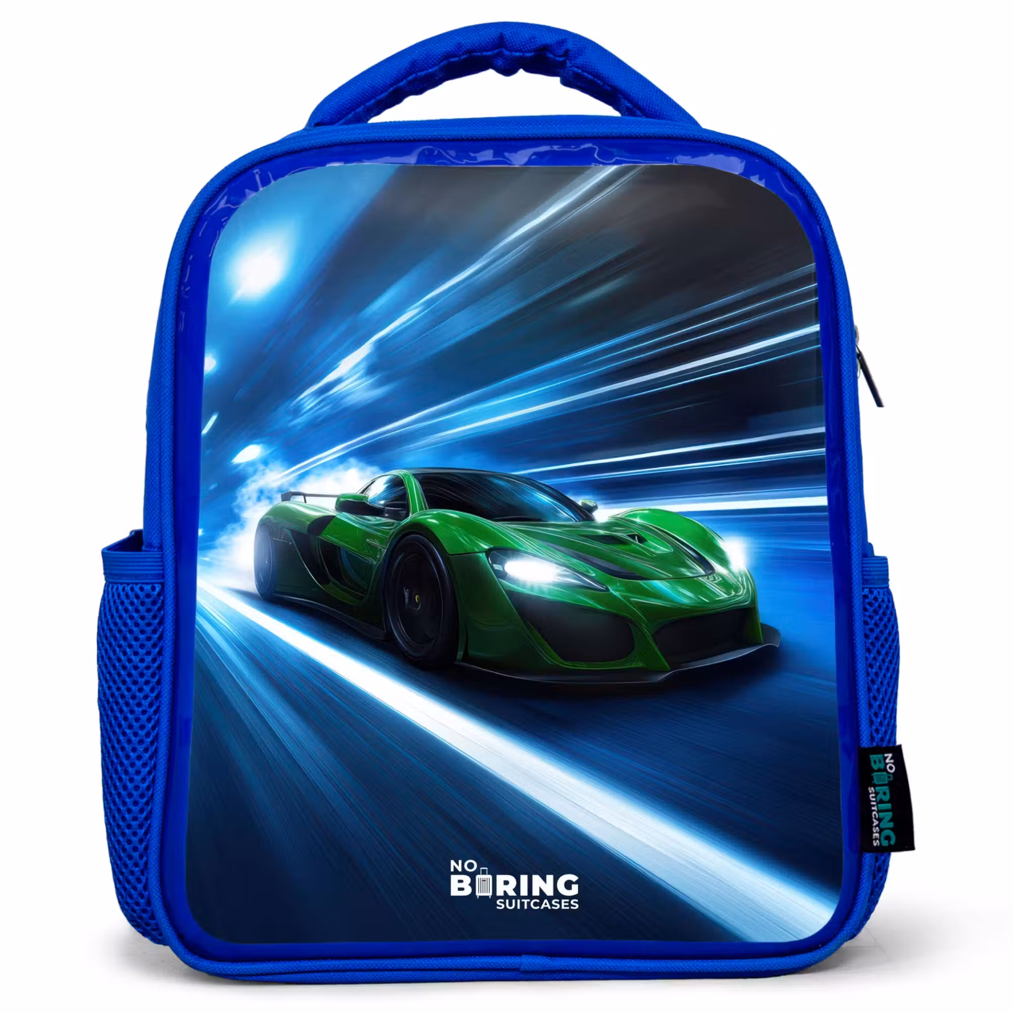 Kinderrucksack - Blau - Grünes Superauto blinkt durch Neonlicht