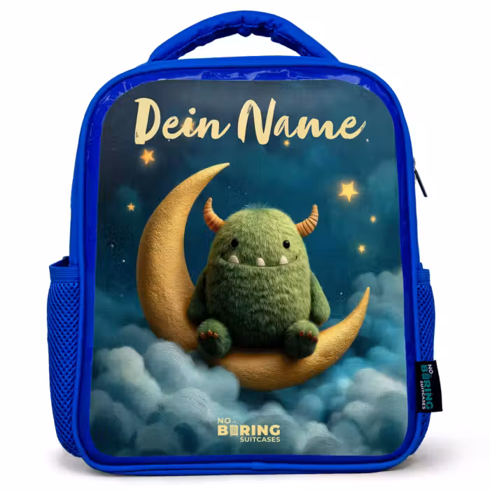 Kinderrucksack mit Namen - Blau - Grünes Ungeheuer auf Mondsichel
