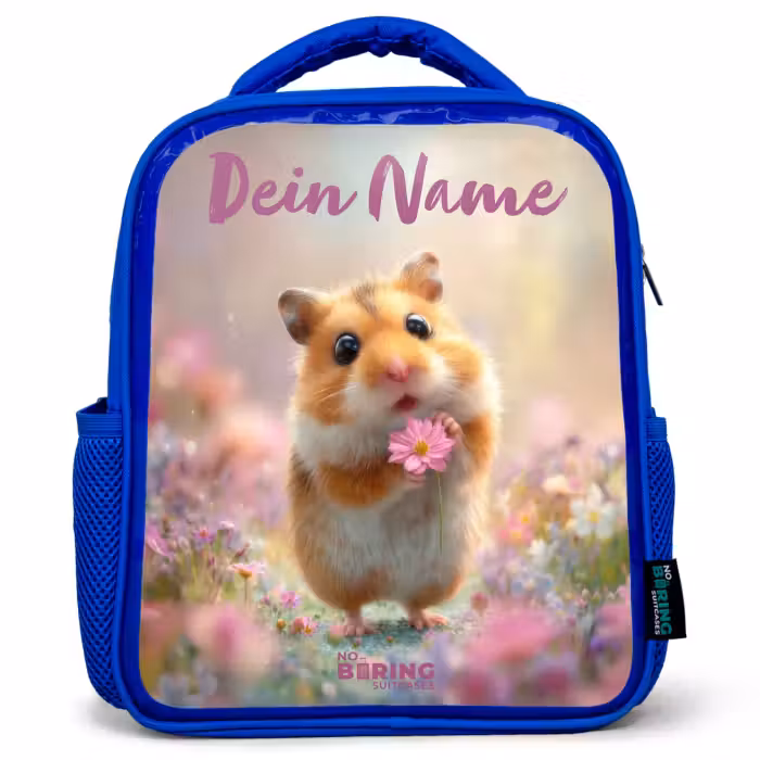 Kinderrucksack mit Namen - Blau - Hamster - Blume - Natur - Tier