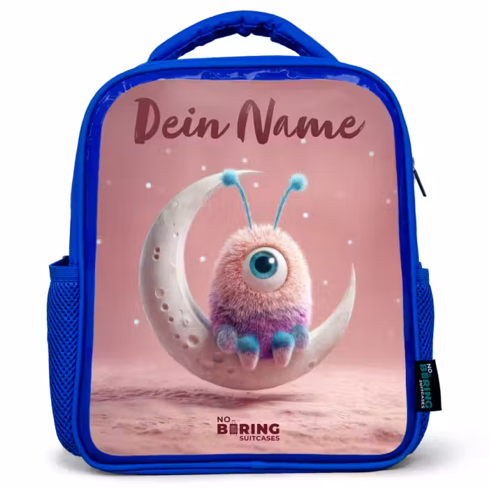 Kinderrucksack mit Namen - Blau - Mondwippe mit Fluffy Weasel