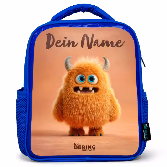 Kinderrucksack mit Namen - Blau - Orangefarbenes flauschiges Monster mit Hörnern