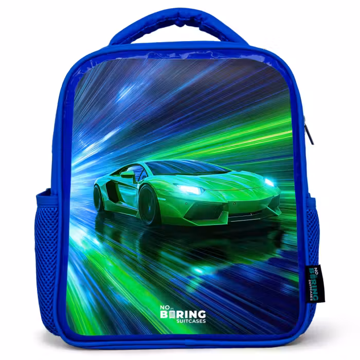 Kinderrucksack - Blau - Rennwagen - Hellgrün - Lichtstrahlen - Geschwindigkeit