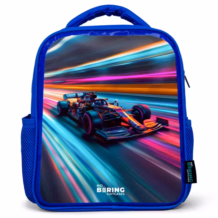 Kinderrucksack - Blau - Rennwagen mit bunten Lichtspuren