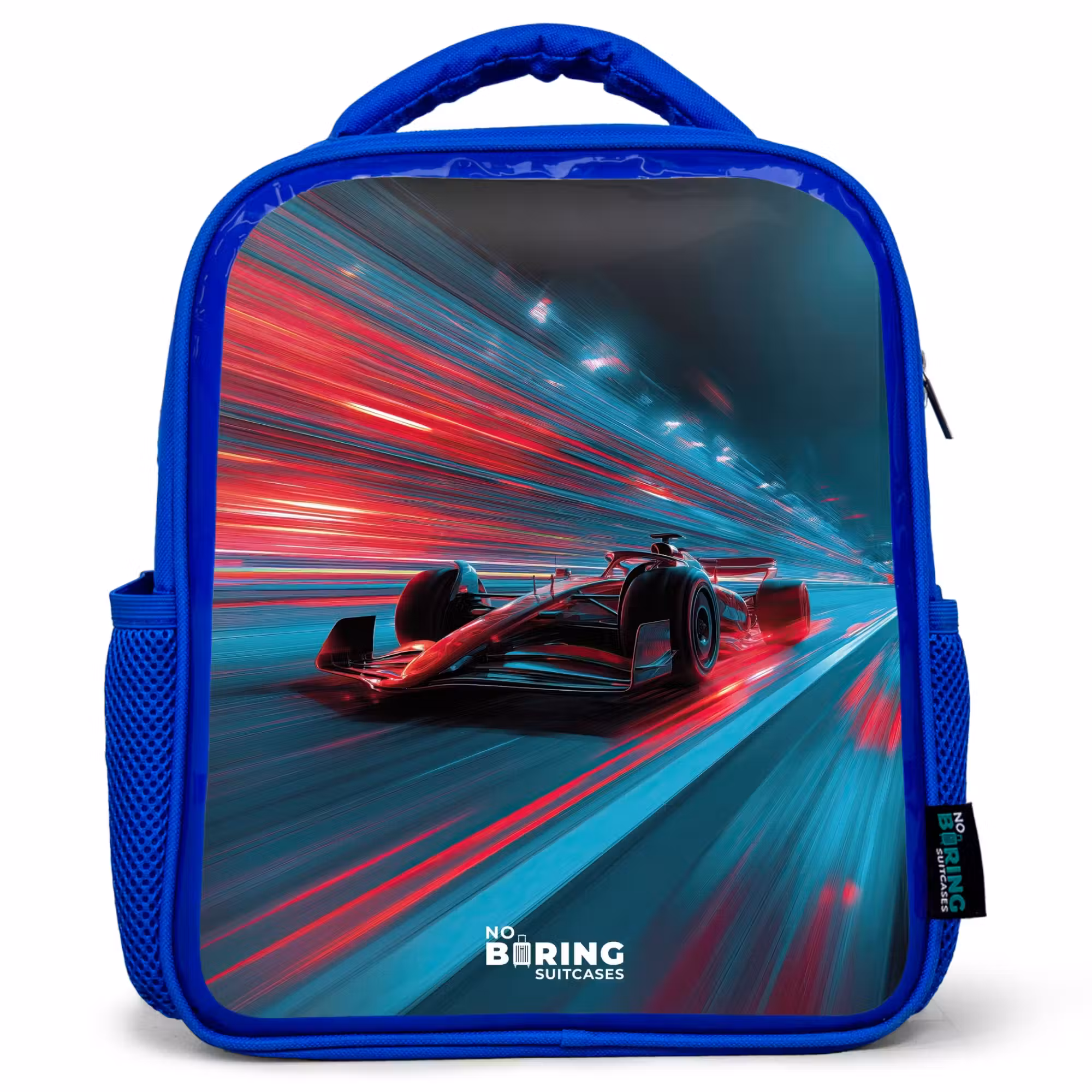 Kinderrucksack - Blau - Rennwagen - Strecke - Neon - Beleuchtung