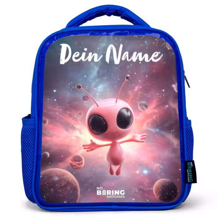 Kinderrucksack mit Namen - Blau - Rosa Alien im Sternennebel