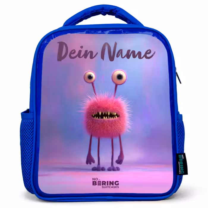 Kinderrucksack mit Namen - Blau - Rosa pelziges Monster mit großen Augen
