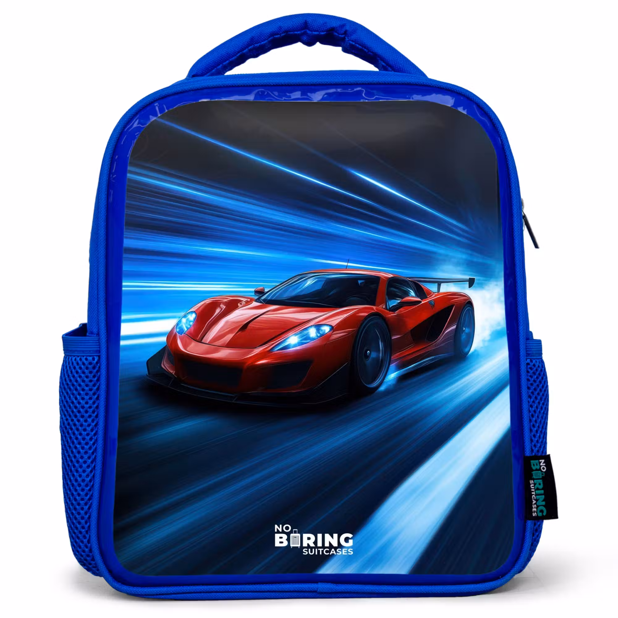 Kinderrucksack - Blau - Roter Rennwagen in der digitalen Geschwindigkeitswelt