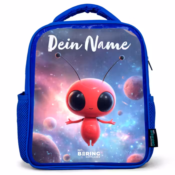 Kinderrucksack mit Namen - Blau - Rotes Raumwesen im kosmischen Tanz