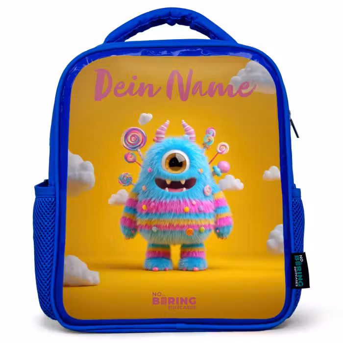 Kinderrucksack mit Namen - Blau - Süßigkeiten - Monster - Regenbogen