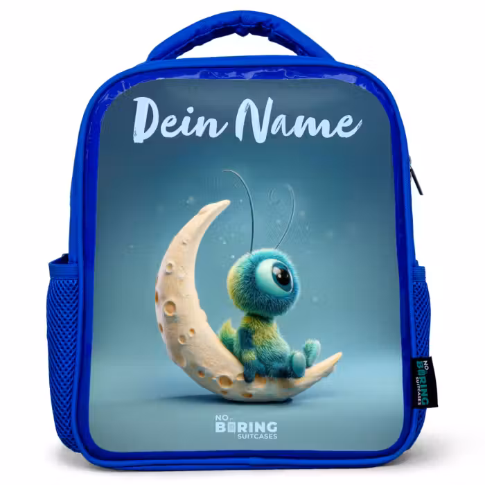 Kinderrucksack mit Namen - Blau - Verträumte Kreatur auf dem Mond