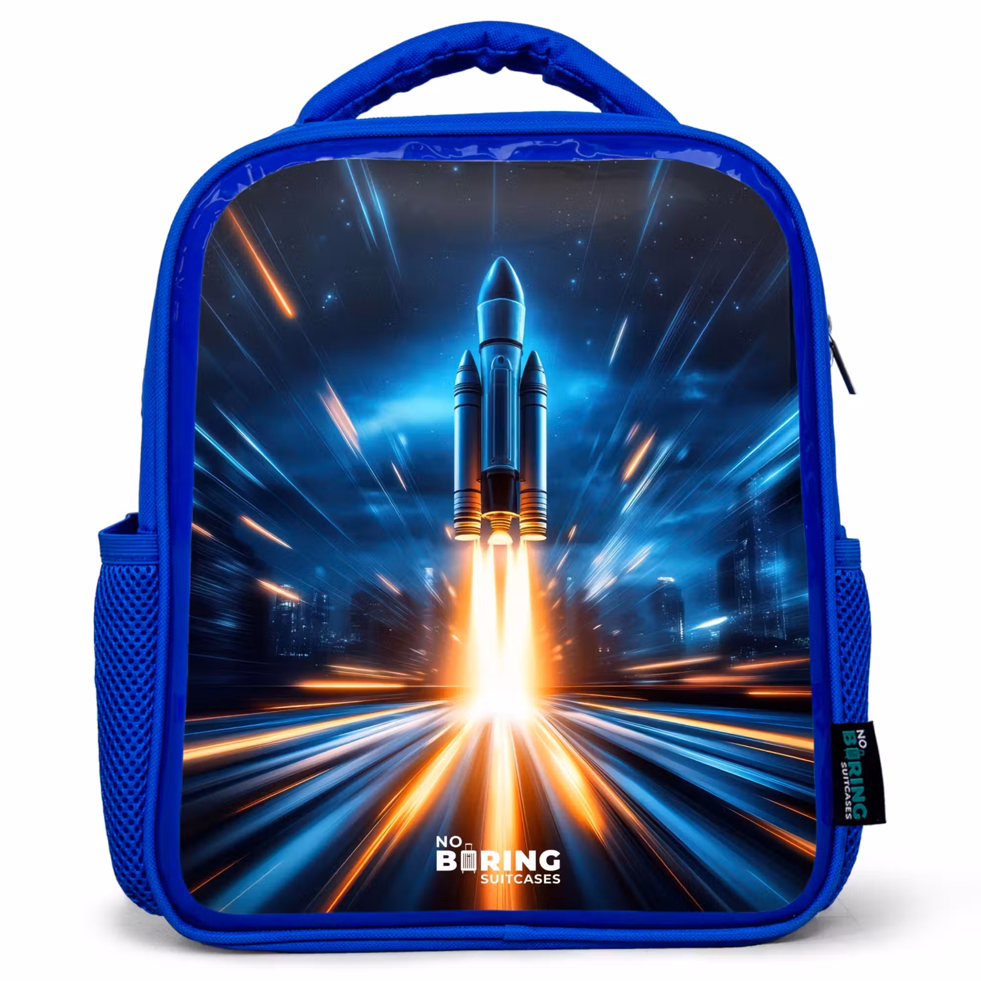 Kinderrucksack - Blau - Weltraumrakete hebt in nächtlicher Lichtshow ab