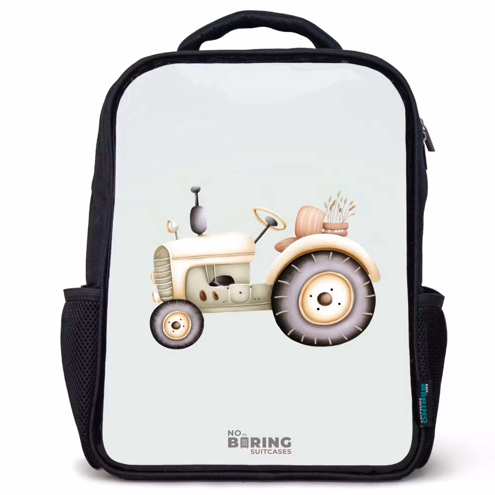 Kinderrucksack - Schwarz - Beigefarbener Oldtimer-Traktor in Pastellgrün