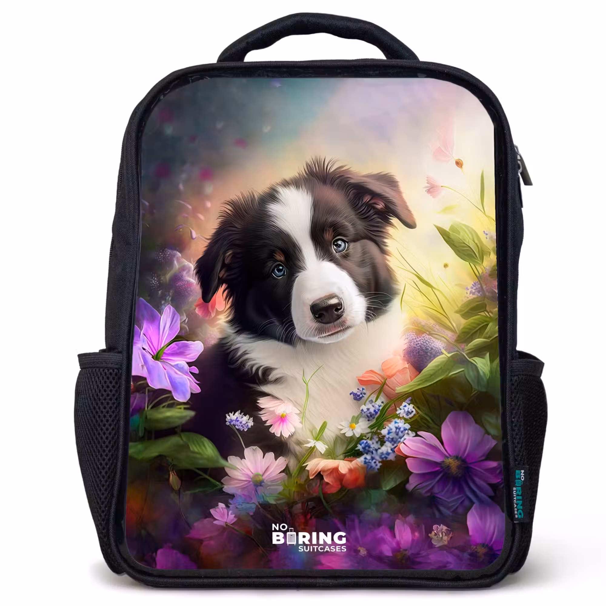 Kinderrucksack - Schwarz - Blauäugiger Hund auf einem Feld