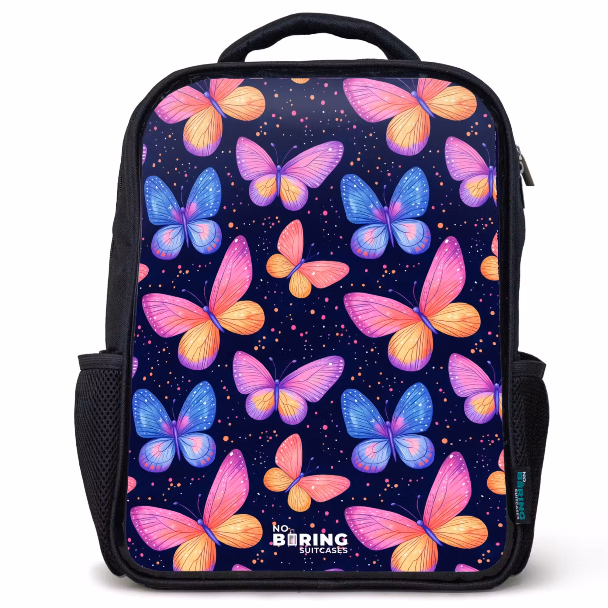 Kinderrucksack - Schwarz - Bunte Schmetterlinge in Rosa und Blau