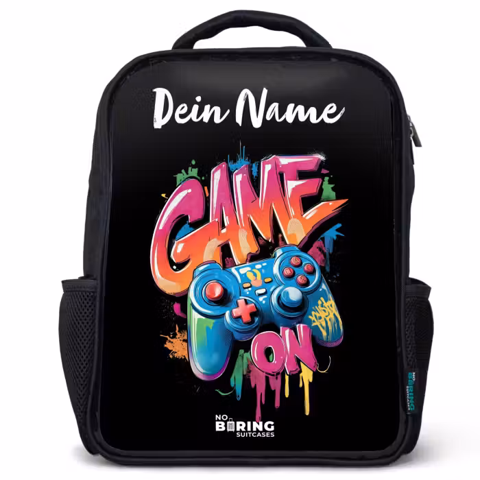 Kinderrucksack mit Namen - Schwarz - Controller - Spiel - Graffiti - Text