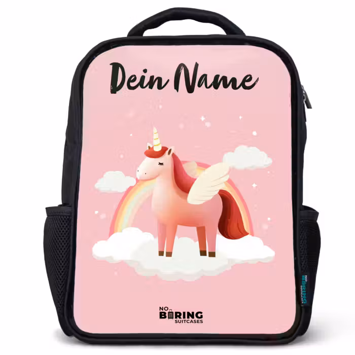 Kinderrucksack mit Namen - Schwarz - Einhorn - Flügel - Rosa - Regenbogen