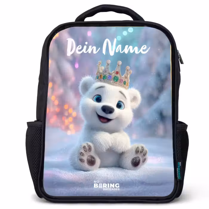 Kinderrucksack mit Namen - Schwarz - Eisbär - Krone - Winter