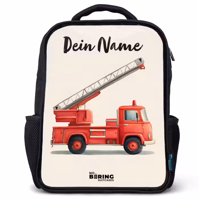 Kinderrucksack mit Namen - Schwarz - Feuerwehrauto - Signiert - Rot