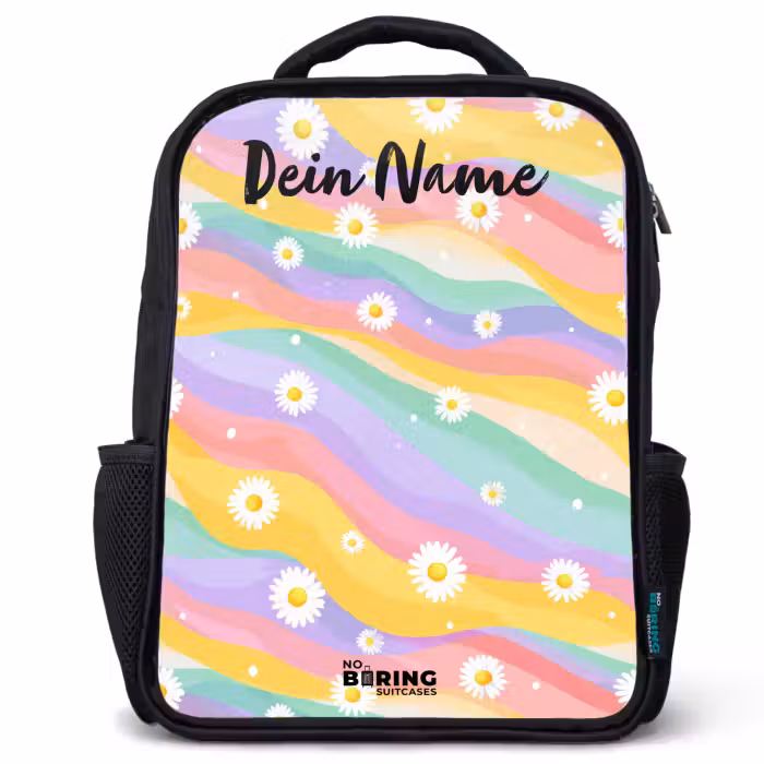 Kinderrucksack mit Namen - Schwarz - Gänseblümchen - Bunt - Pastell