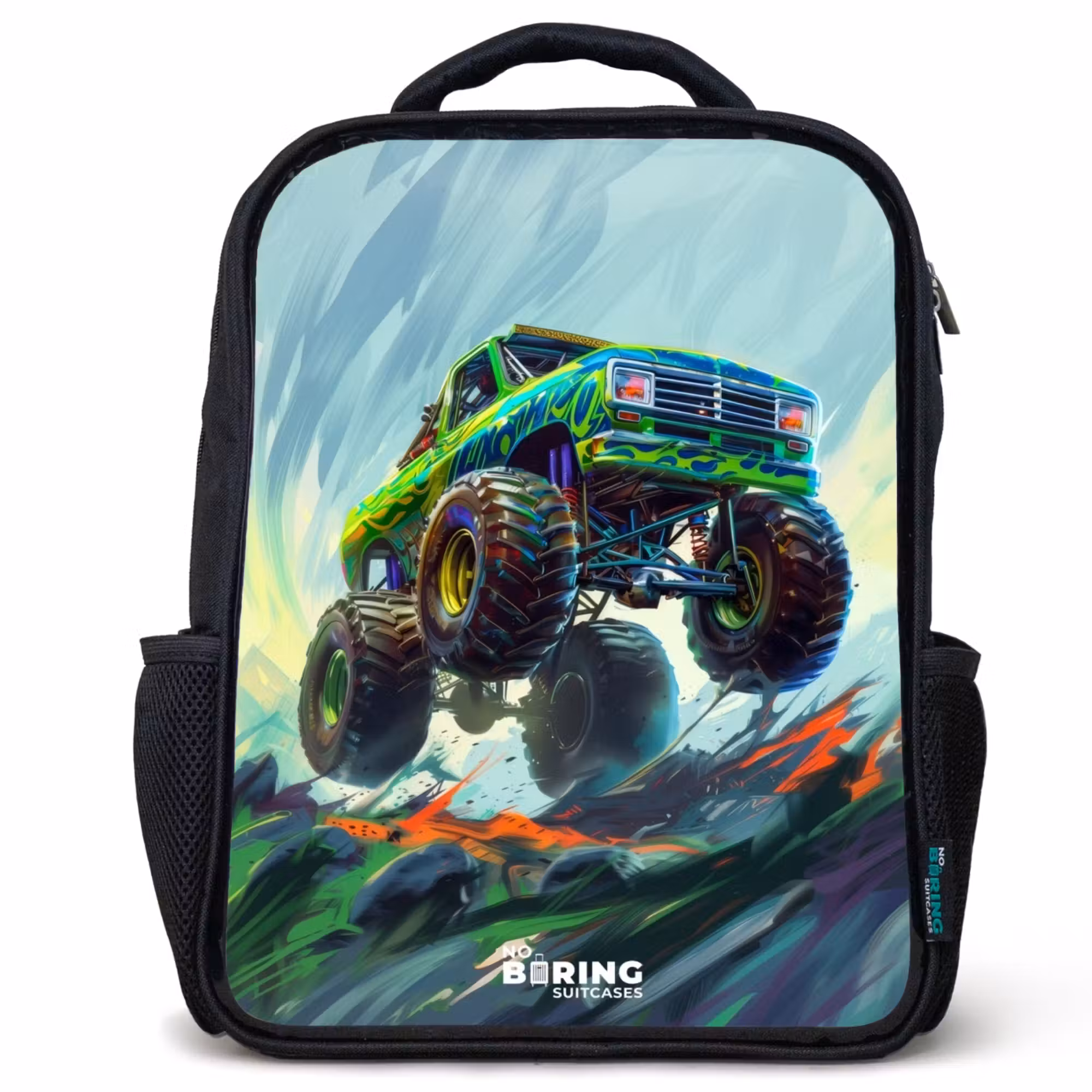 Kinderrucksack - Schwarz - Grüner Monstertruck mit Pinselstrichen