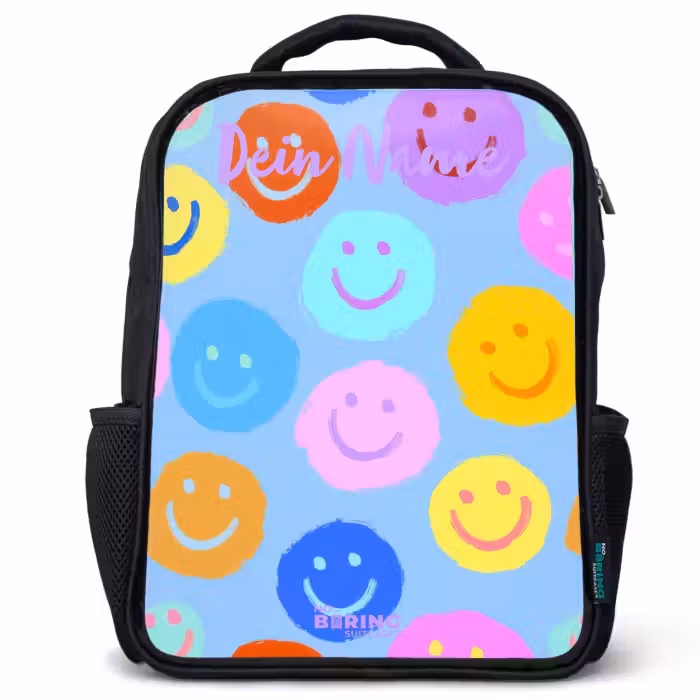 Kinderrucksack mit Namen - Schwarz - Heiteres Muster von Smileys