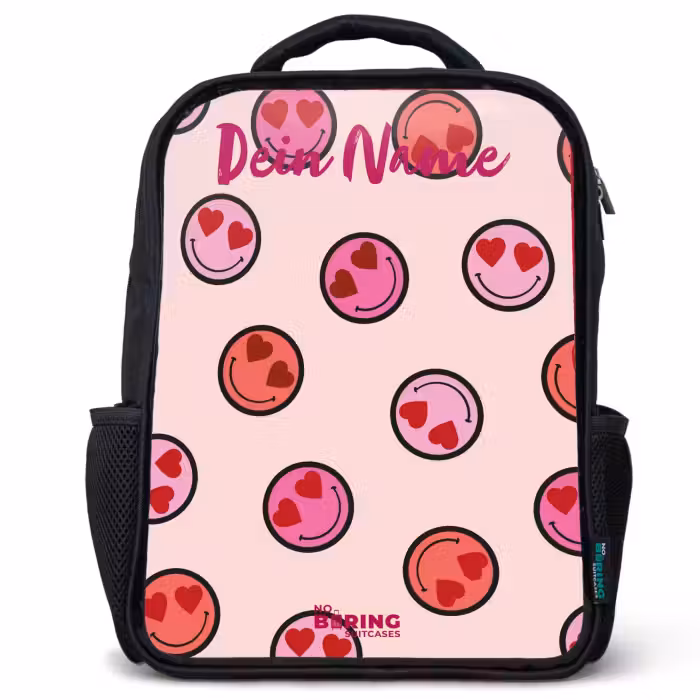 Kinderrucksack mit Namen - Schwarz - Herz - Smiley - Muster