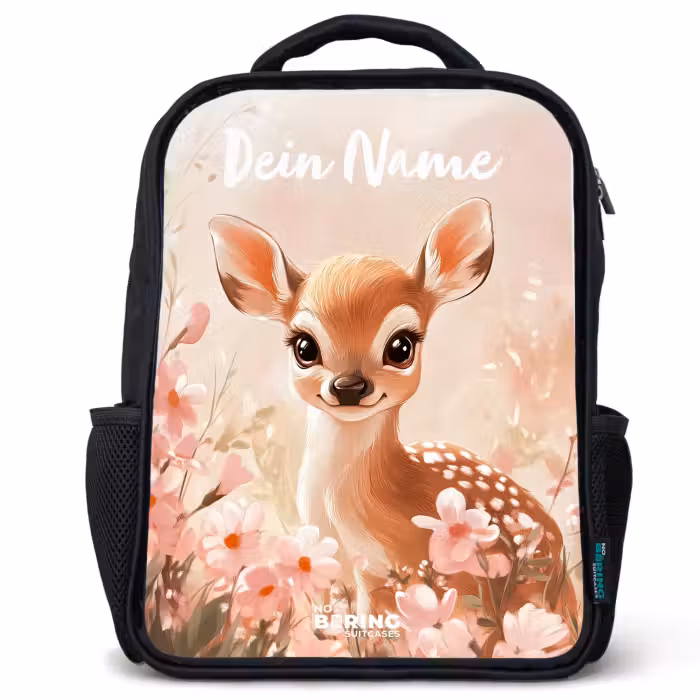 Kinderrucksack mit Namen - Schwarz - Hirsche - Blumen - Punkte - Rosa