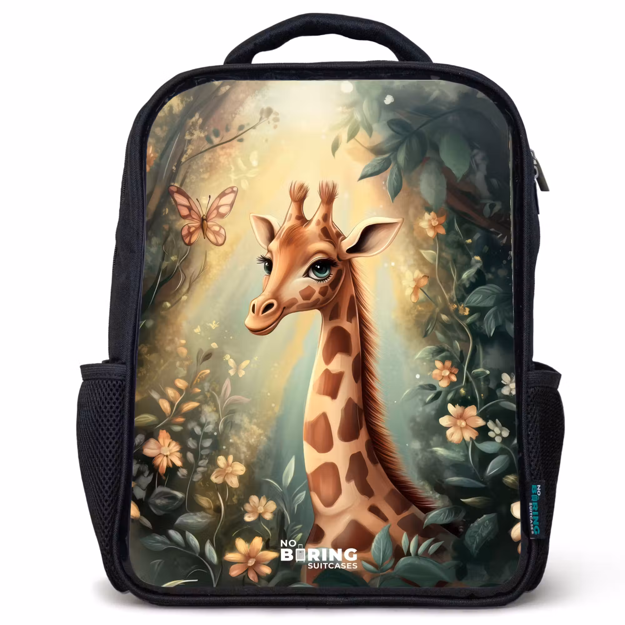 Kinderrucksack - Schwarz - Junge Giraffe zwischen Blumen im sonnigen Wald