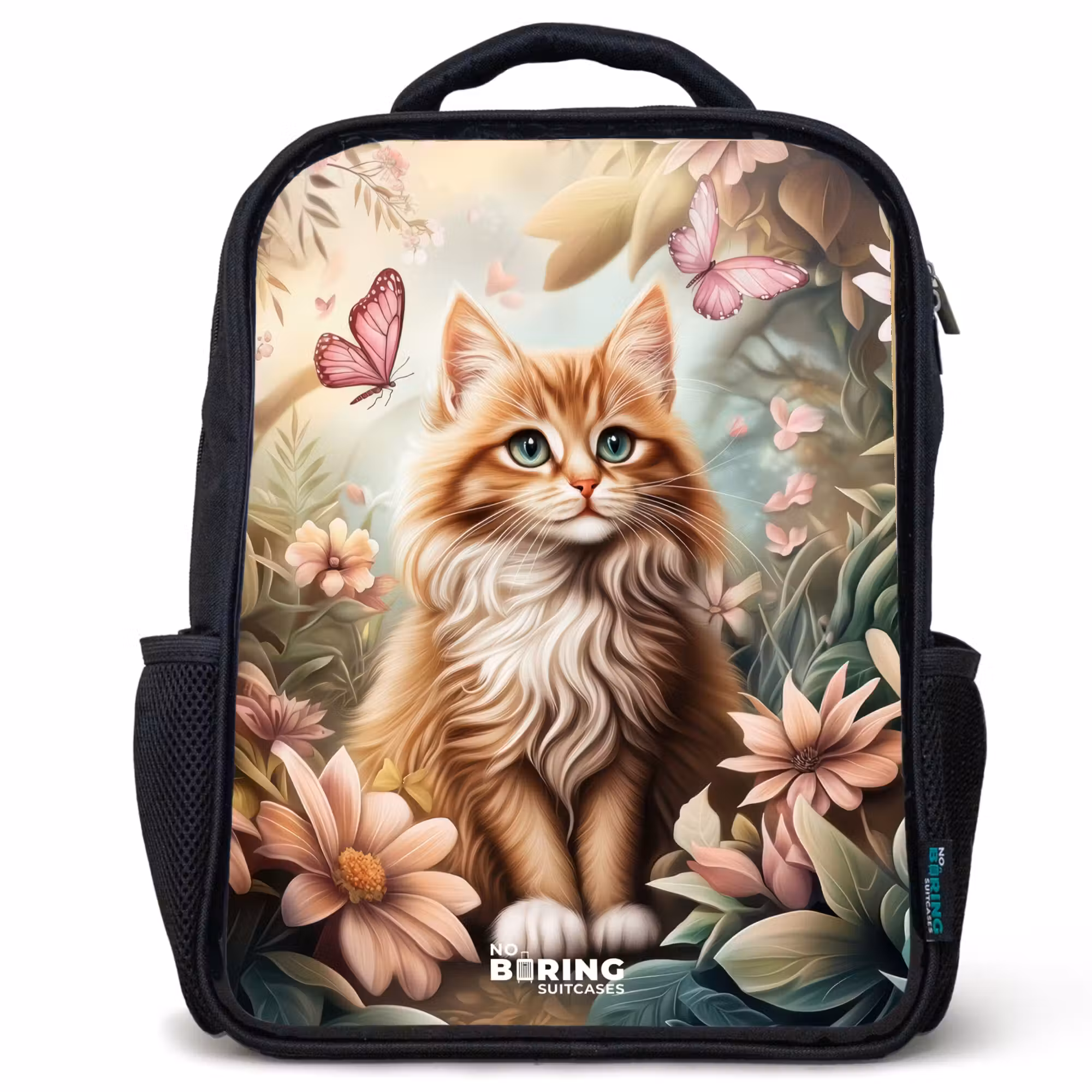Kinderrucksack - Schwarz - Katze im Blumenfeld mit rosa Schmetterlingen.
