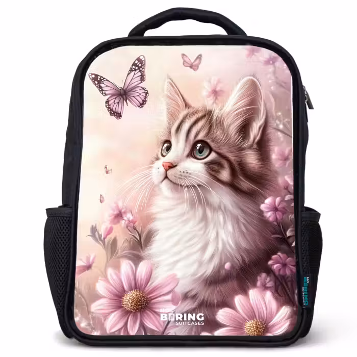 Kinderrucksack mit Namen - Schwarz - Katze - Lila - Schmetterlinge - Blumen