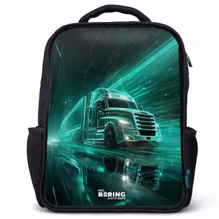 Kinderrucksack mit Namen - Schwarz - Lkw - Neon - Grün - Stadt