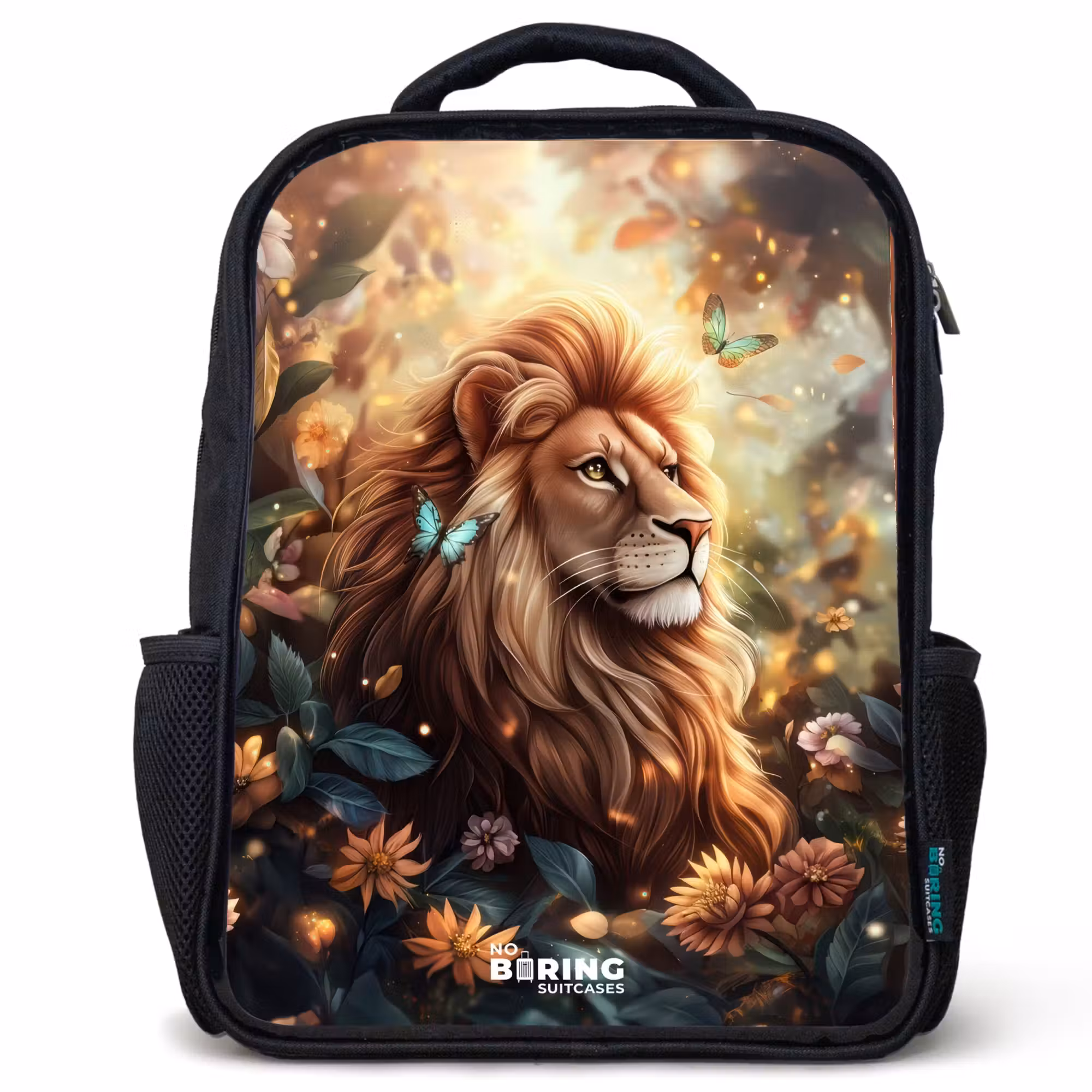 Kinderrucksack - Schwarz - Löwe mit Schmetterlingen im blühenden Dschungel