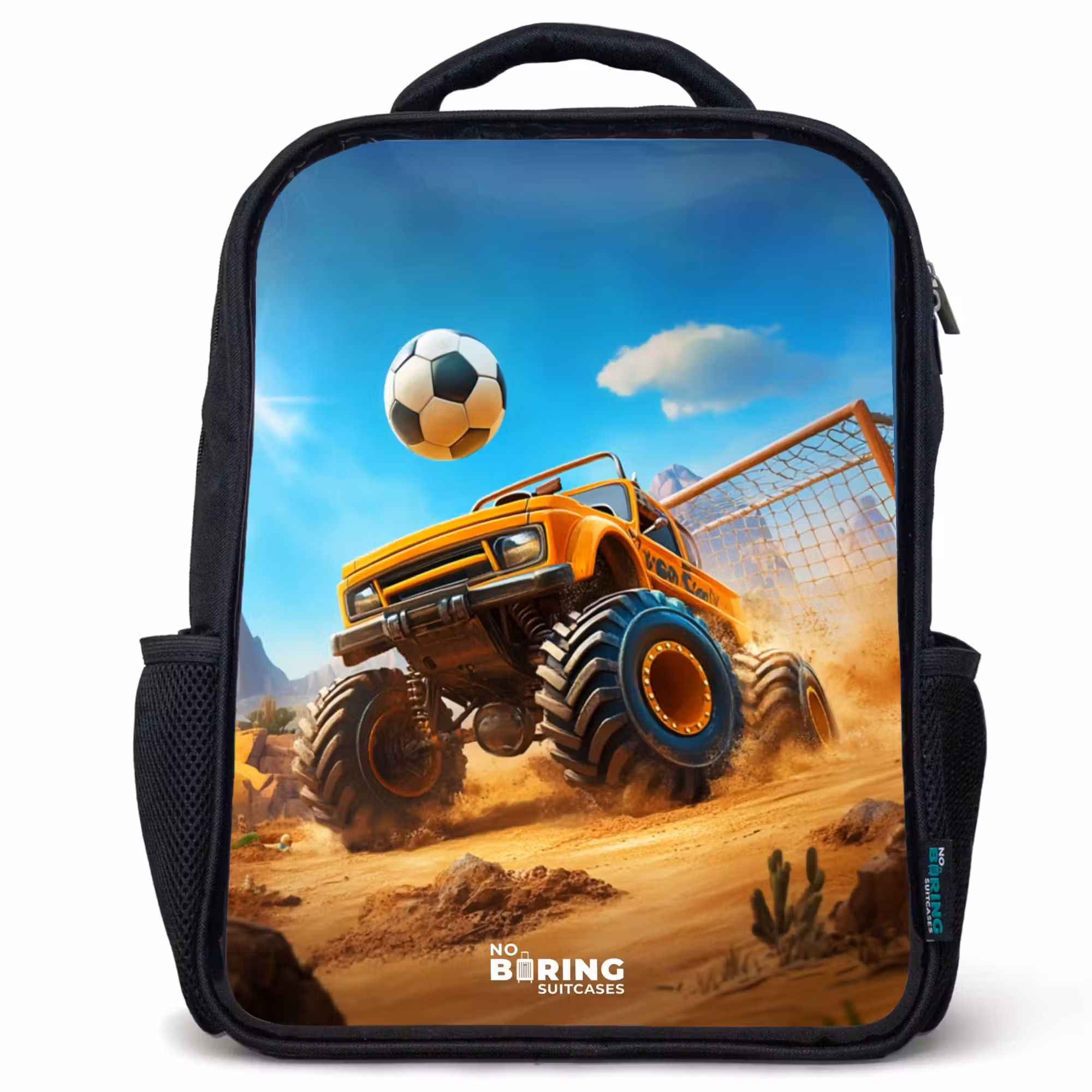Kinderrucksack - Schwarz - Monstertruck schießt Tor im Wüstenstadion