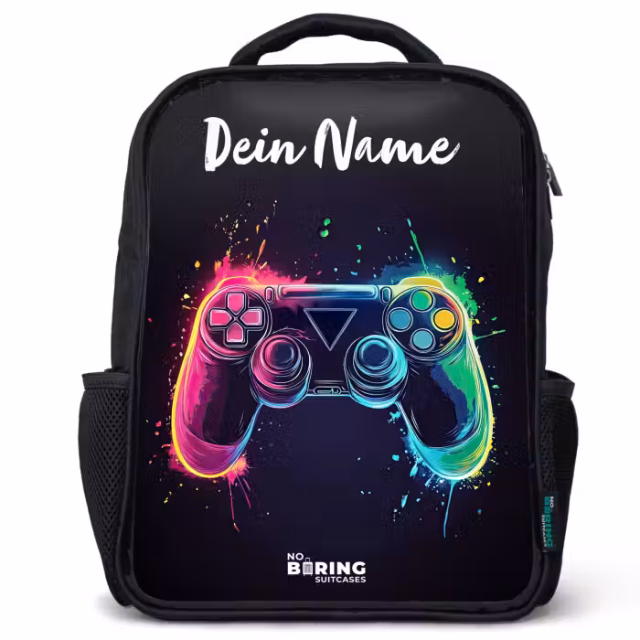 Kinderrucksack mit Namen - Schwarz - Neon - Controller - Farbspritzer - Spiel
