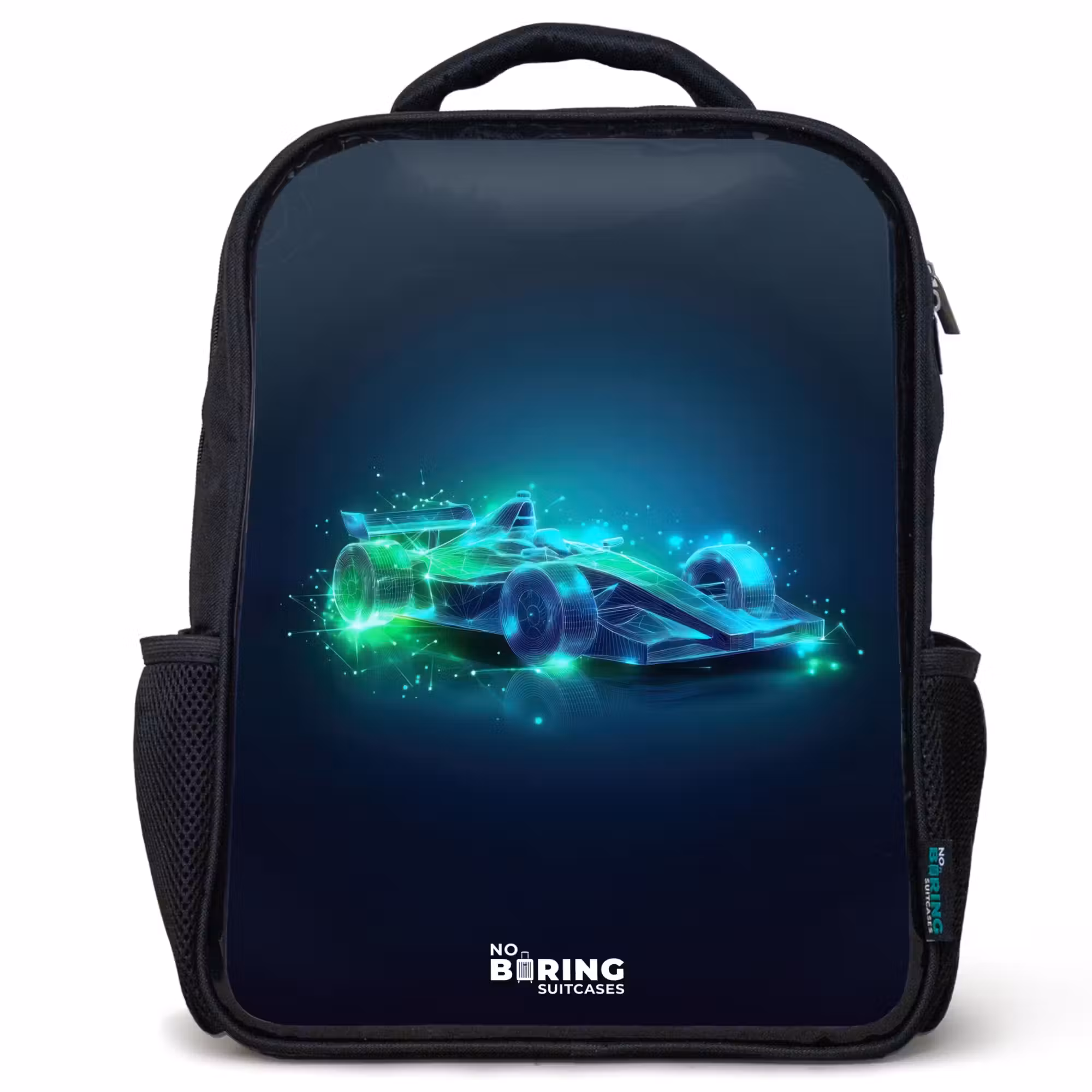Kinderrucksack - Schwarz - Neon-Rennwagen im digitalen Stil