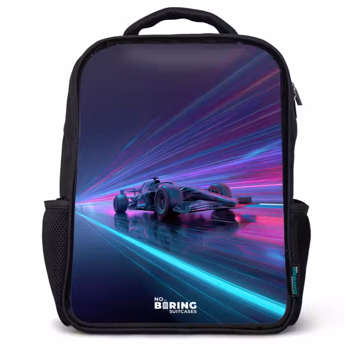 Kinderrucksack mit Namen - Schwarz - Neon - Rennwagen - Leichte Streifen - Lila