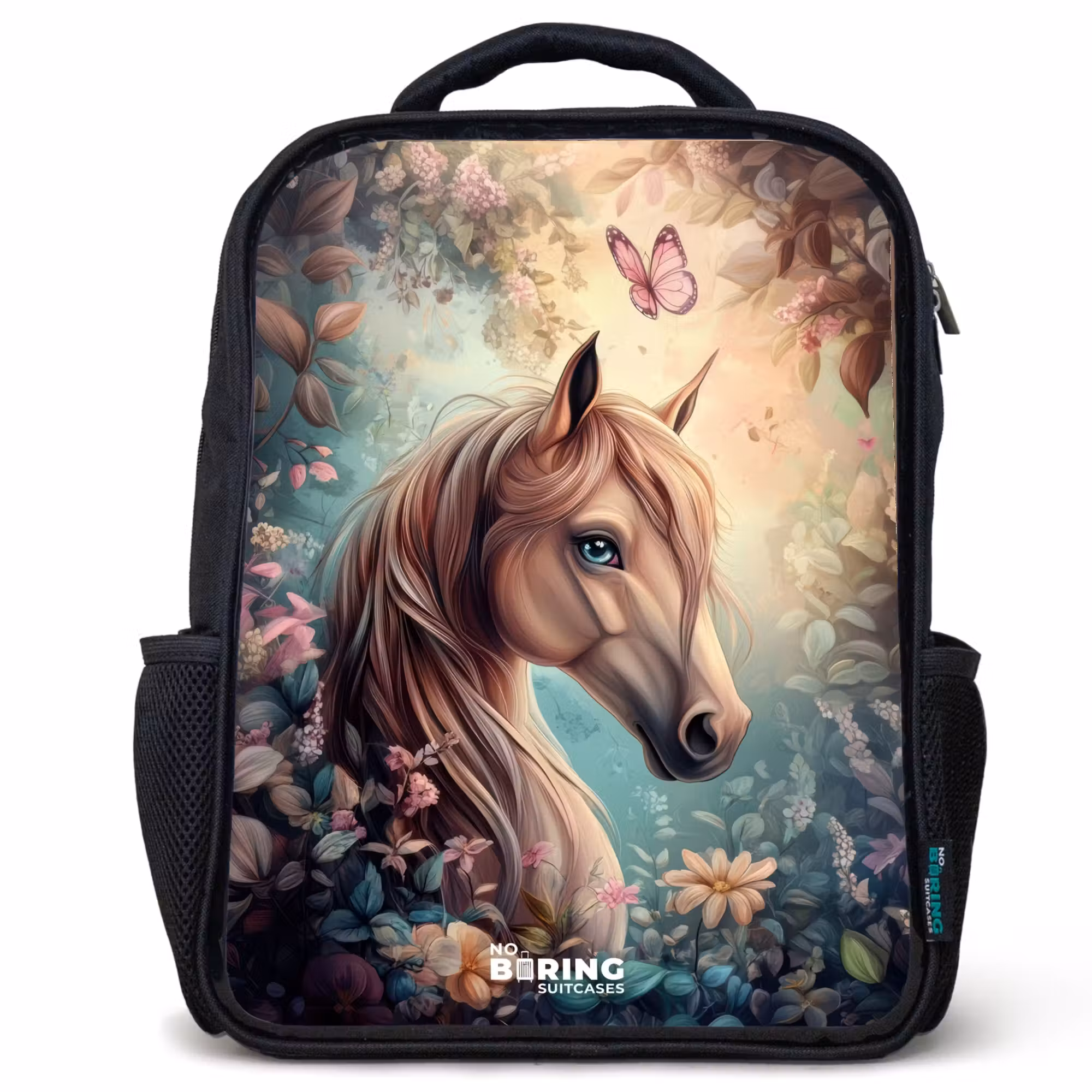 Kinderrucksack - Schwarz - Pferd mit Schmetterlingen im Blumengarten